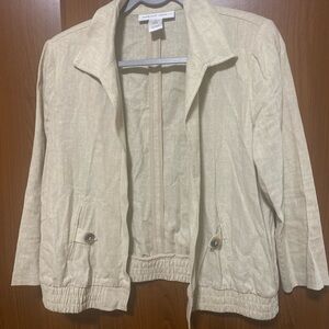 Carole Wren Light Tan Linen Blend elastic waist cropped open front Blazer Small